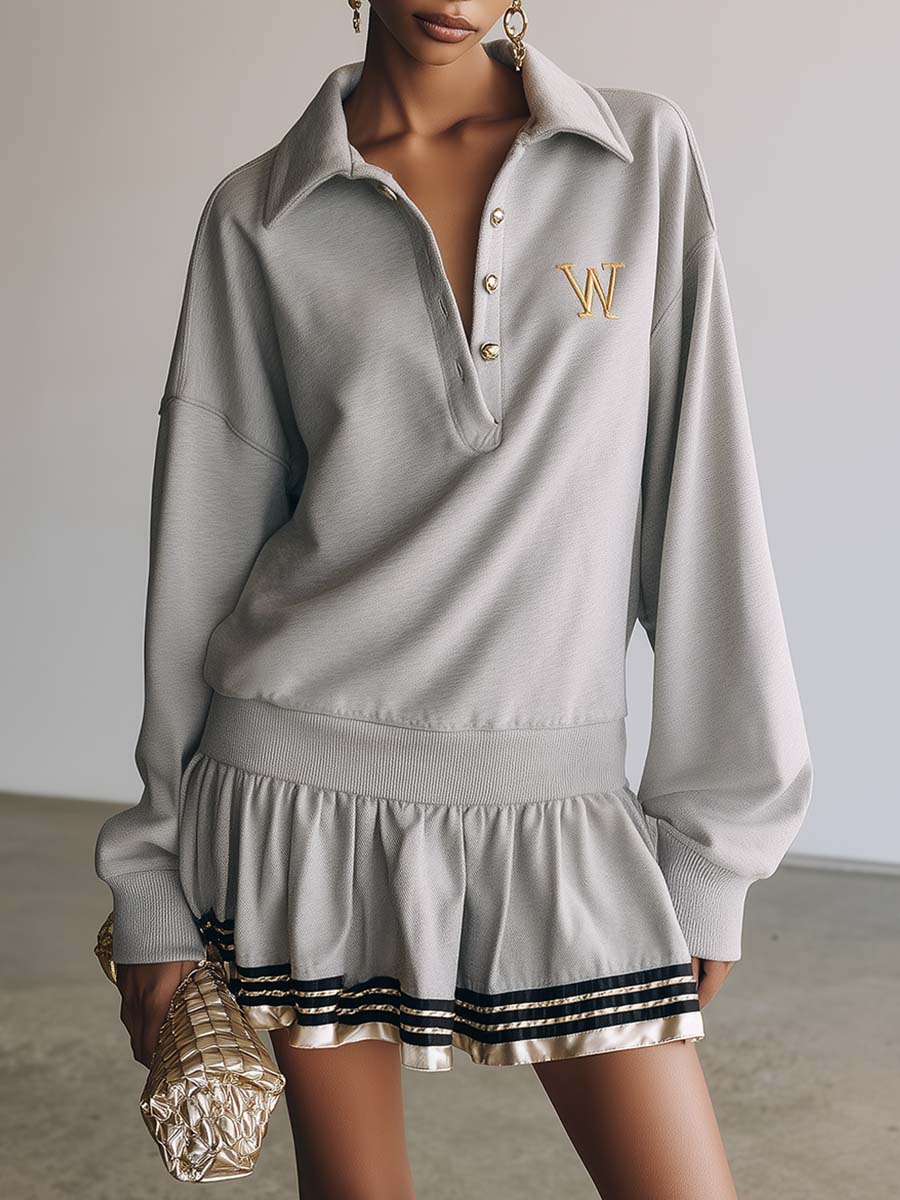 Exquisite Retro Sporty Lapel Front Button Gold Ruffled Hem Gray Cotton Mini Dress