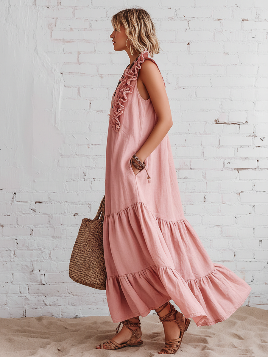 Casual Pink Cotton Linen Blend Sleeveless With Ruffled Round Neckline Maxi Dress