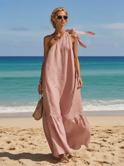 Stylish Simple Loose-fitting Sleeveless One-shoulder Tie-up Ruffled Hem Pink Cotton-linen Maxi Dress