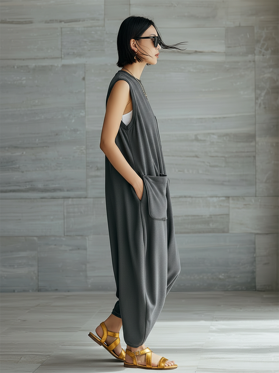 Stylish Simple Loose-fitting Sleeveless Round Neck Pockets Gray Cotton Jumpsuit
