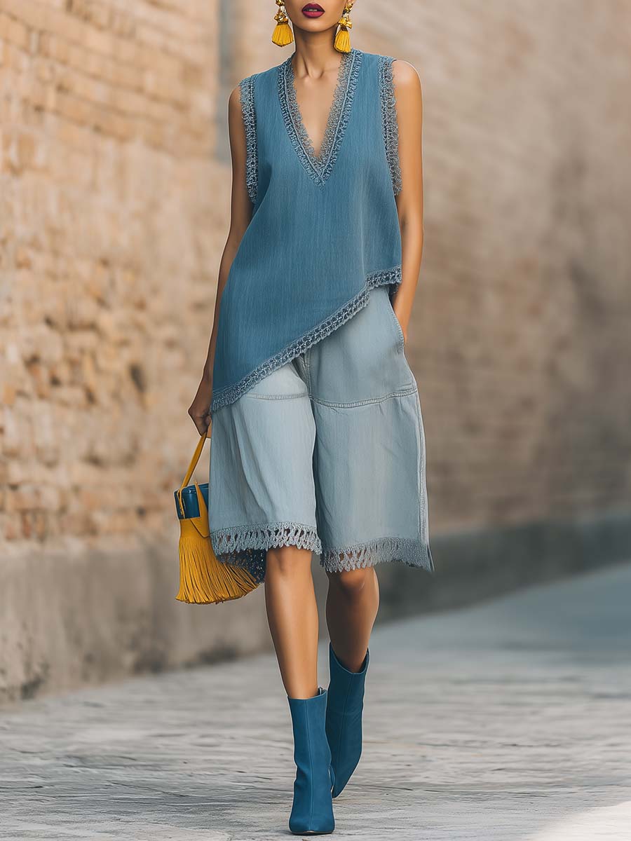 Casual Urban Style Lace-trimmed V-neck Asymmetrical Blue Denim Top And Shorts Set