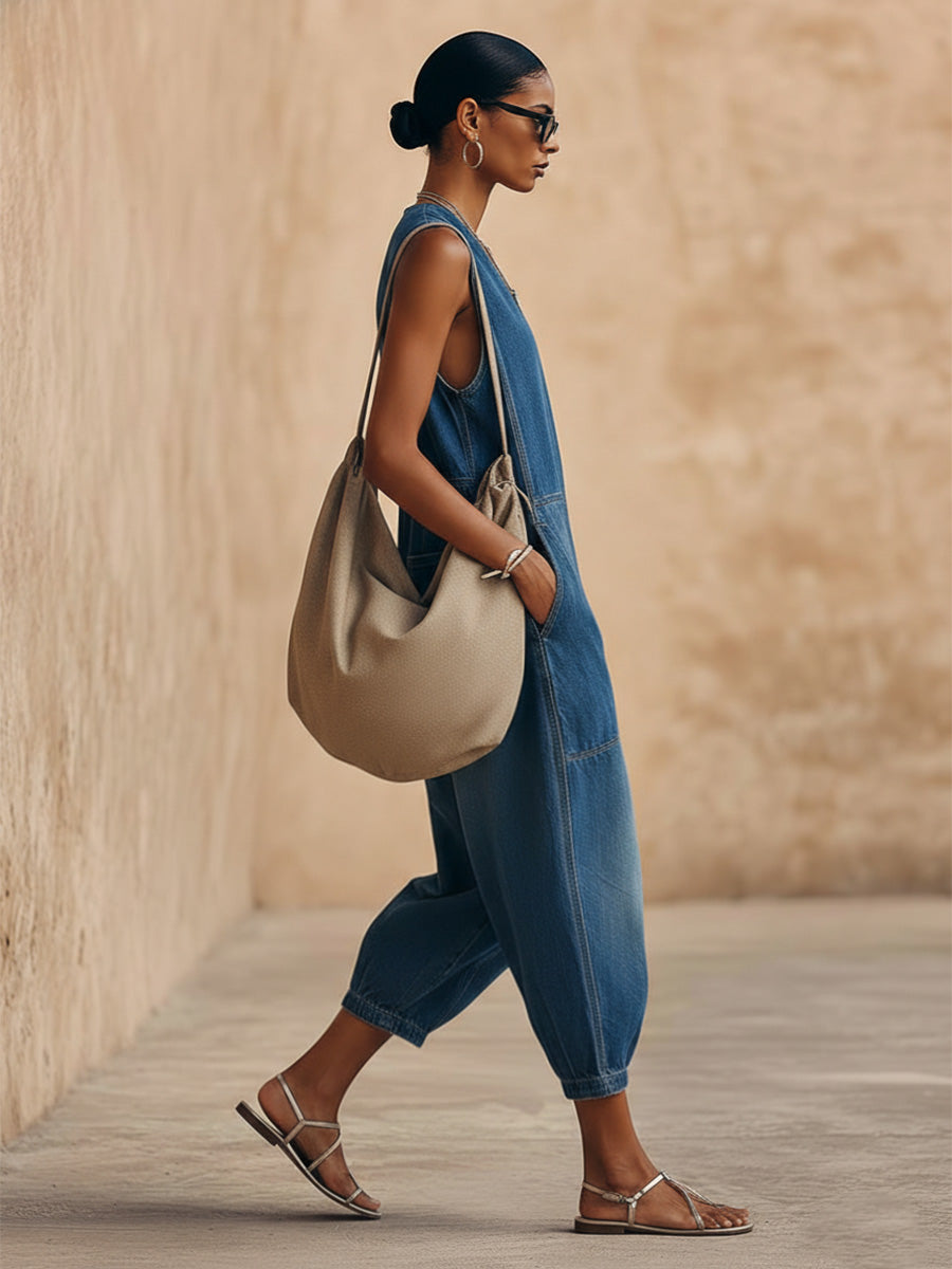 Retro Casual Urban V-neck Blue Denim Jumpsuit