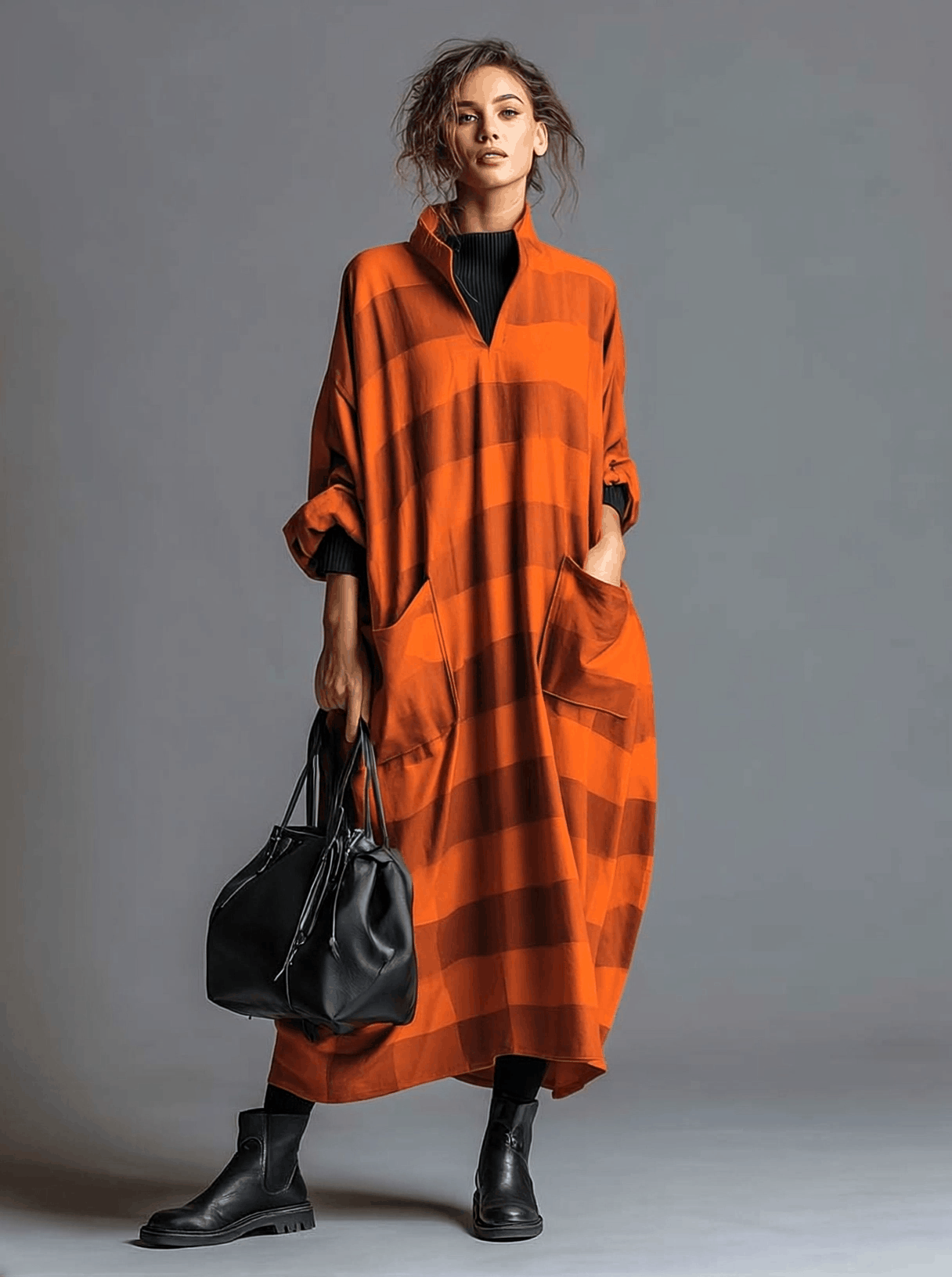 Vintage Fashion Ultra Loose V-neck Large Pockets Orange And Brown Wide Striped Maxi Dress