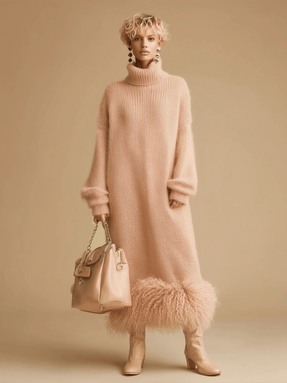 Retro Fashion Pink Turtleneck Furry Hem Knitted Midi Dress