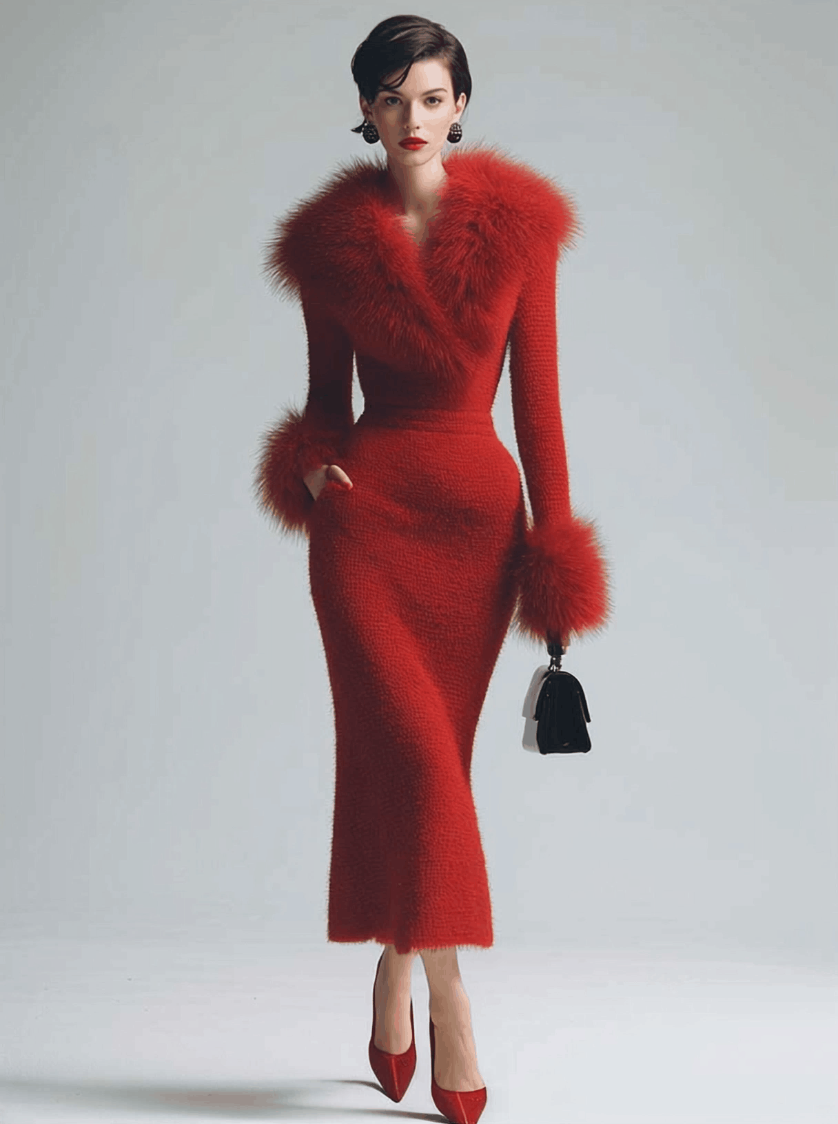 Retro Fashion Red Knitted Fur Collar Midi Dress