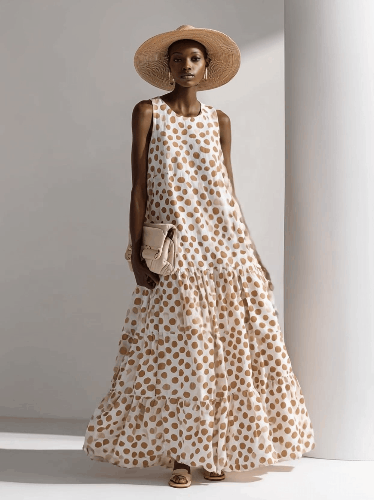 Fashionable Sophisticated Elegant Round Neck Sleeveless Polka Dot Printed Off-white Chiffon Vacation Maxi Dress
