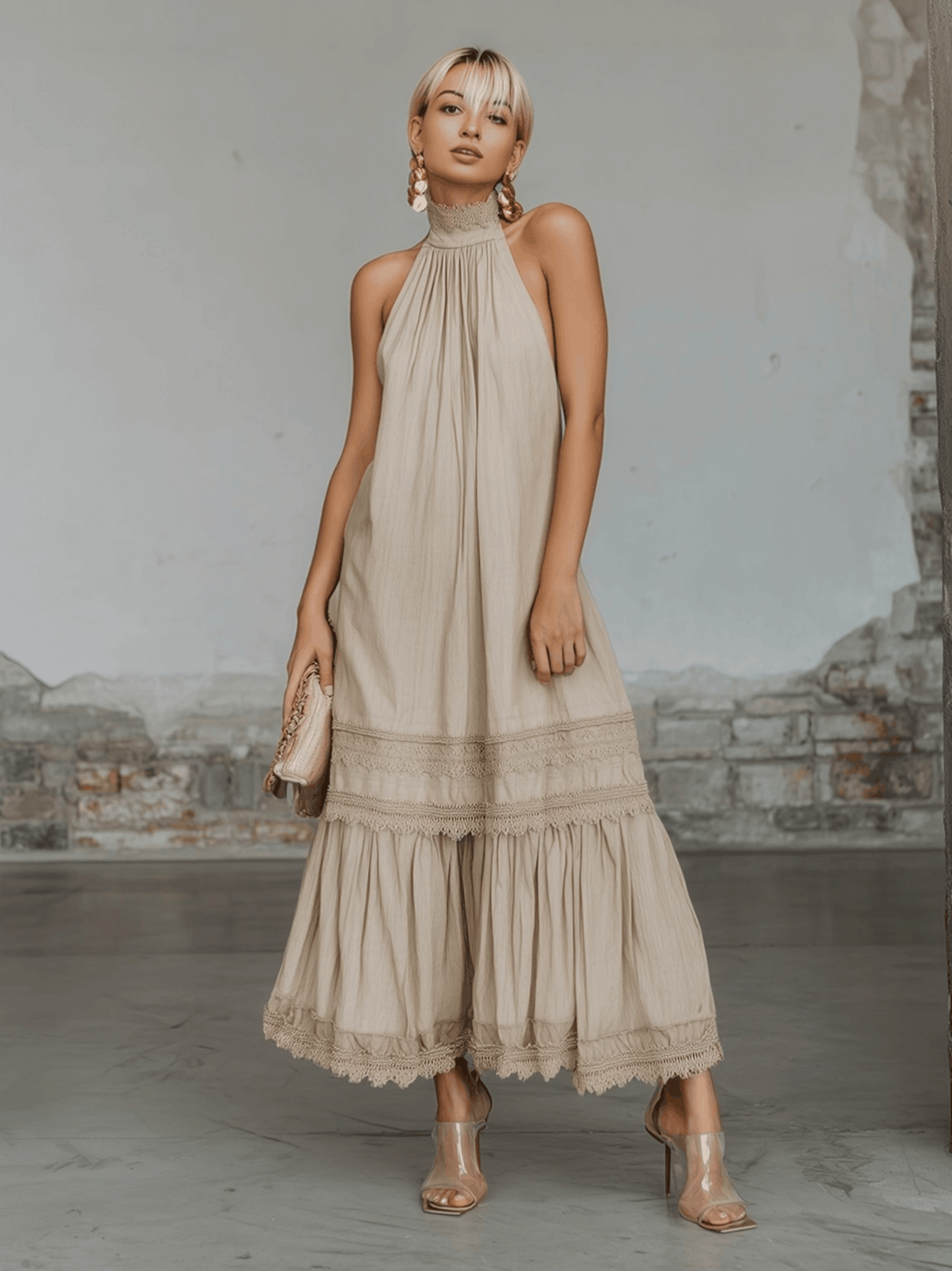 Casual And Fashionable Beige Blended Fabric Halter Neck Top With Ruffles Midi Dress