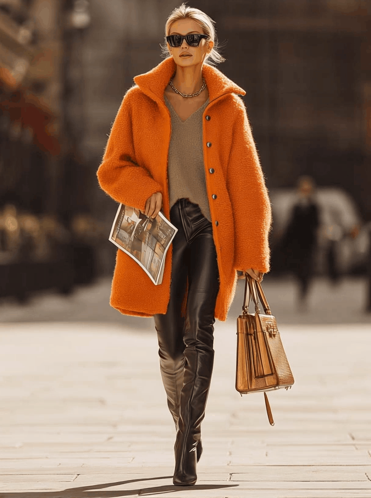 Exquisite And Fashionable Versatile Lapel Front Button Orange Polar Fleece Coat