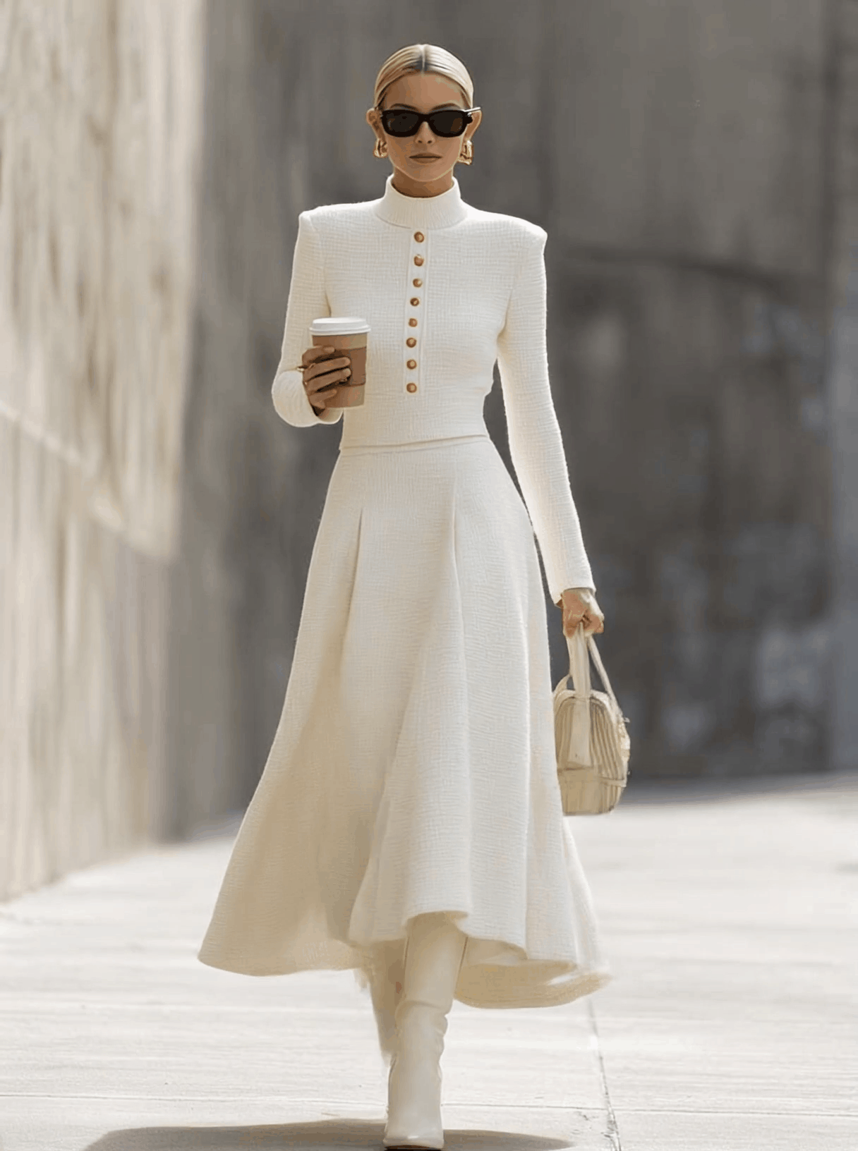 Retro Street Beige Button Knitted Skirt Suit