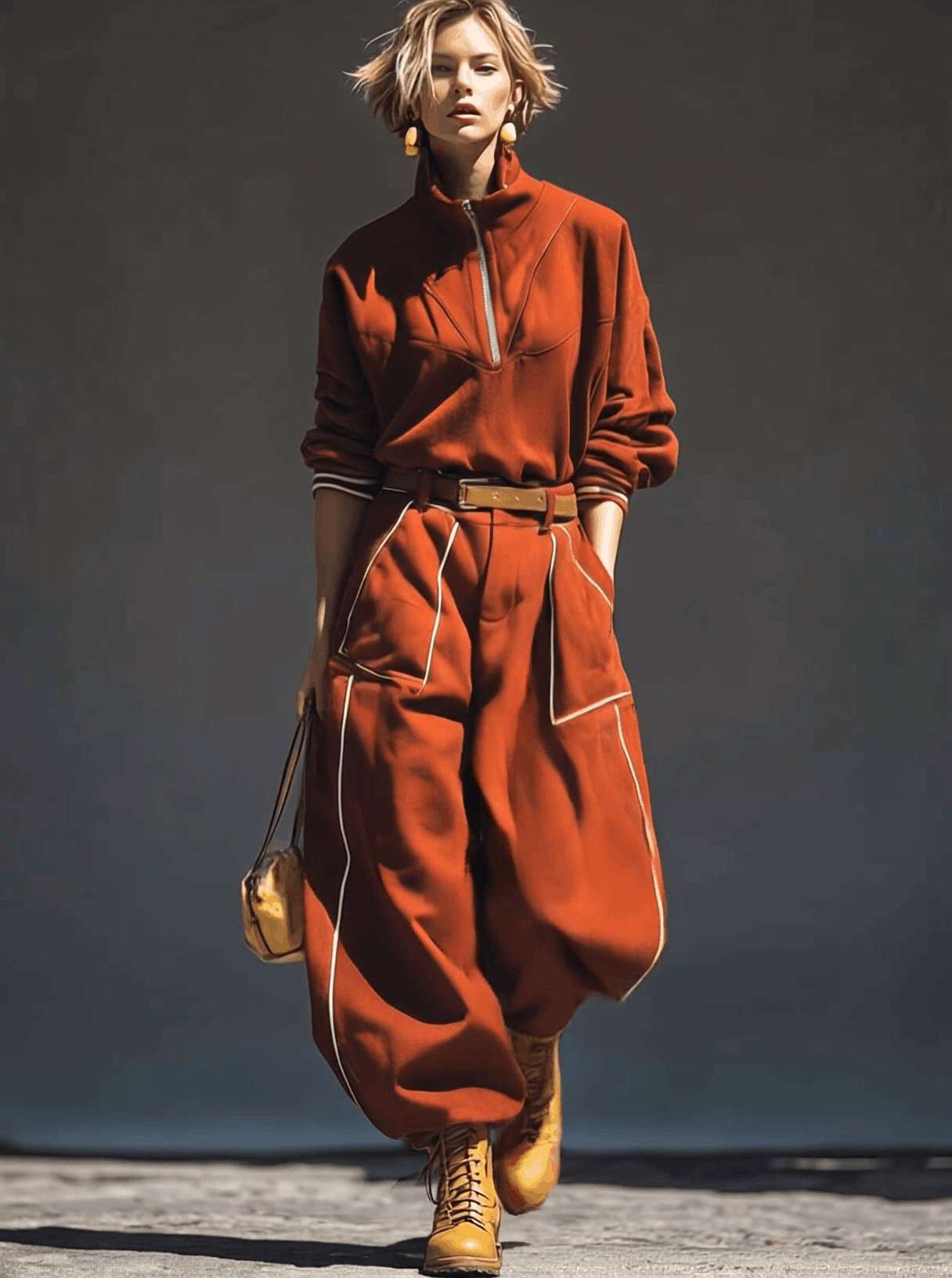 Retro Fashion Sports Maroon Stand Collar Front Zip Top And Machete Pants Set