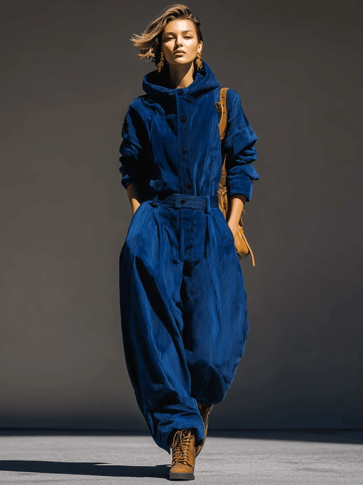 Casual And Fashionable Royal Blue Corduroy Hooded Button-front Top And Machete Pants Set