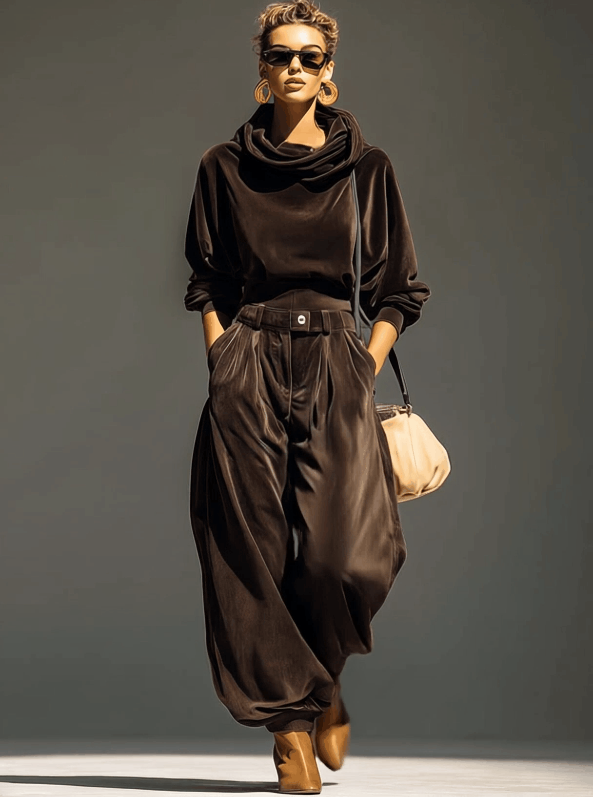 Vintage Sophisticated Casual Brown Velvet Hoodie And Loose Pants Set
