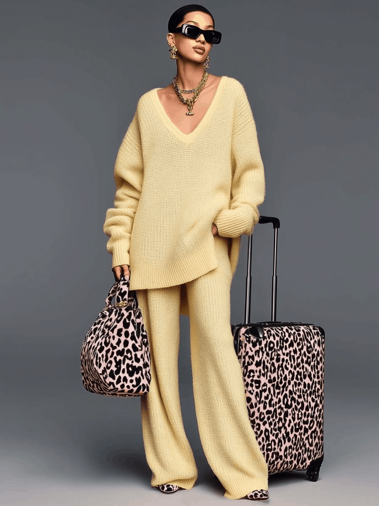 Super Comfortable V-neck Long-sleeved Goose Yellow Knitted Tunic And Pants Set