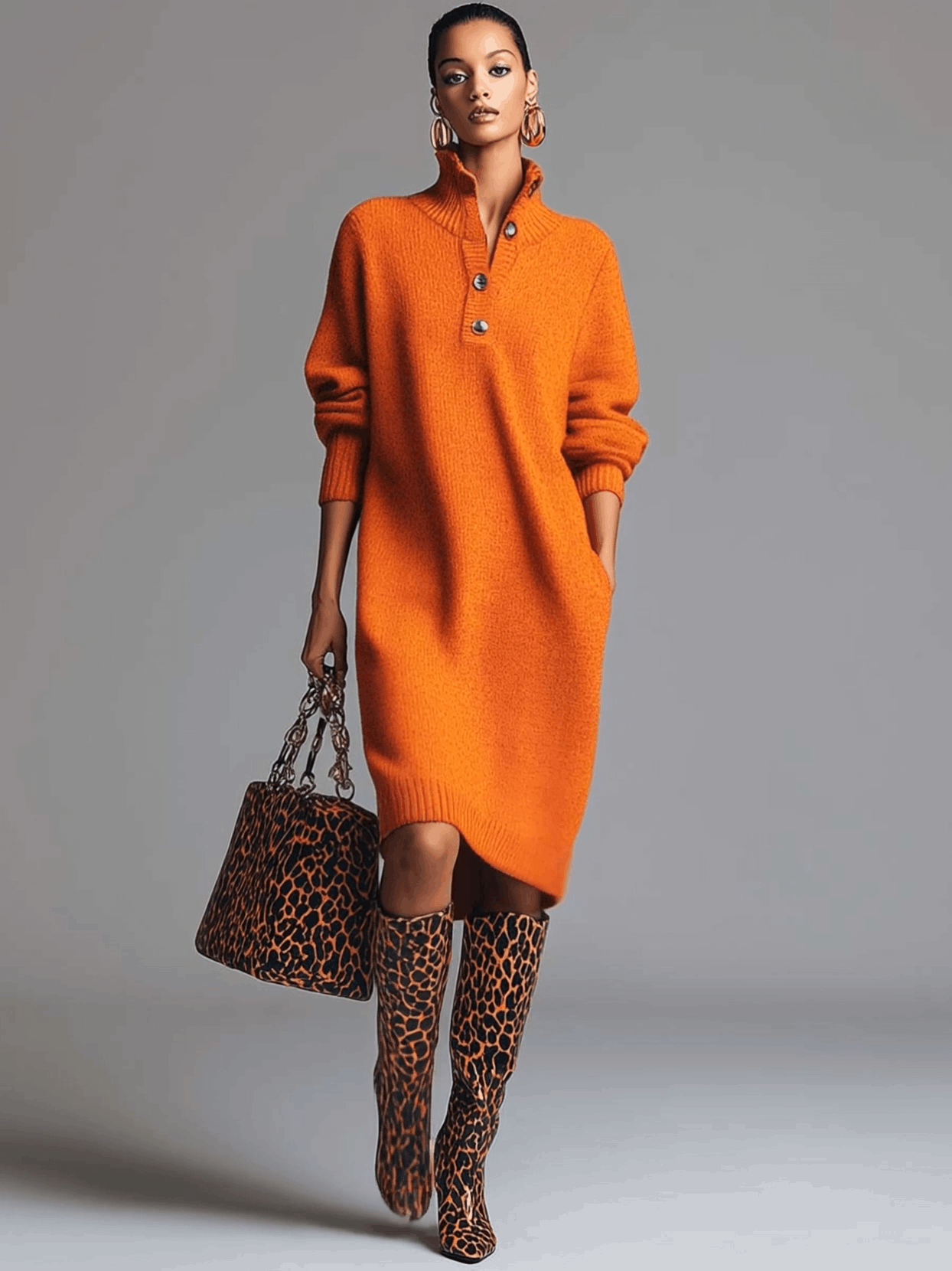 Comfortable And Fashionable Lapel Front Button Orange Knitted Midi Dress