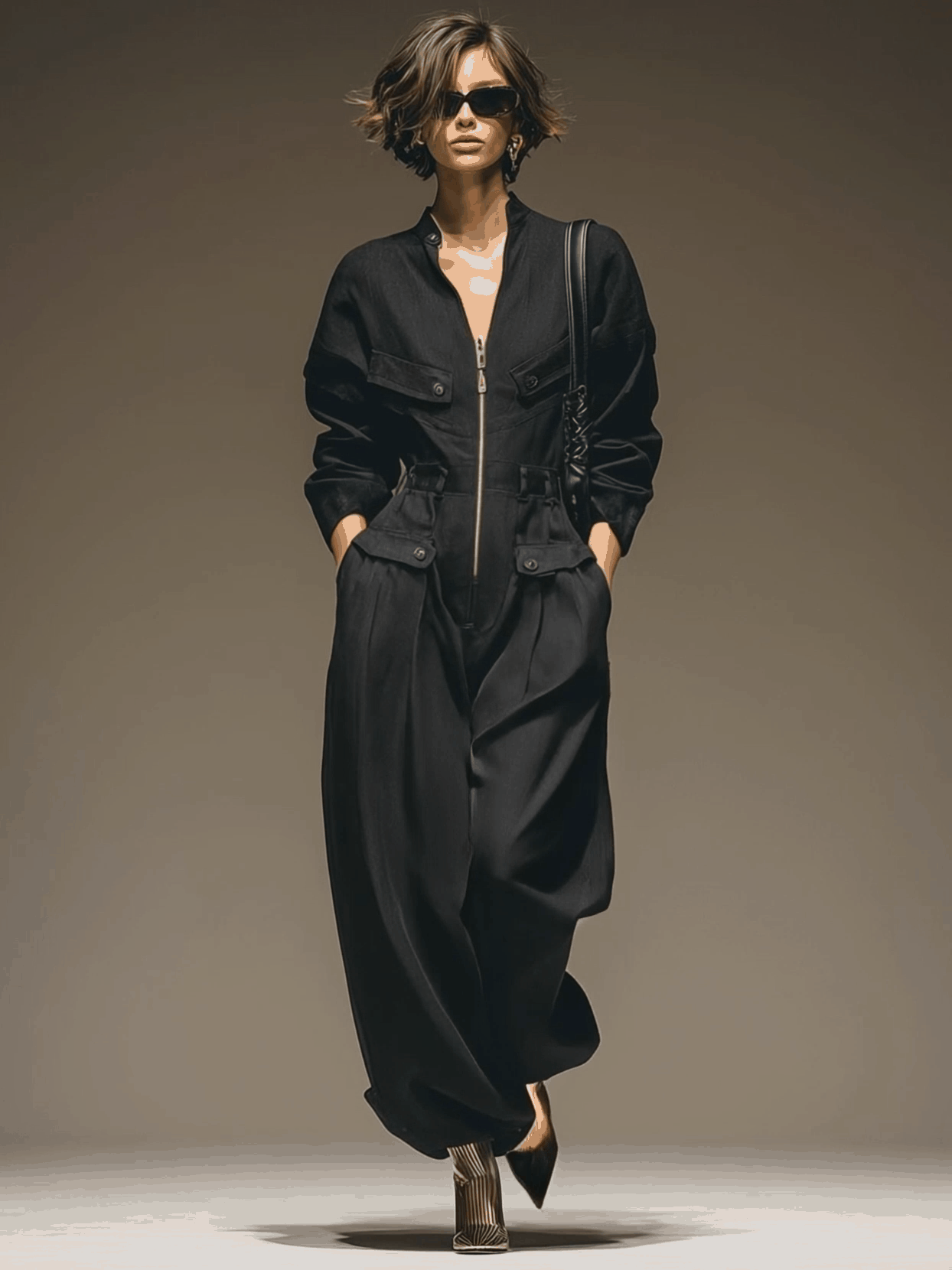 Temperament Street Exquisite Front Zipper Pocket Cover Black Loose Jumpsuit