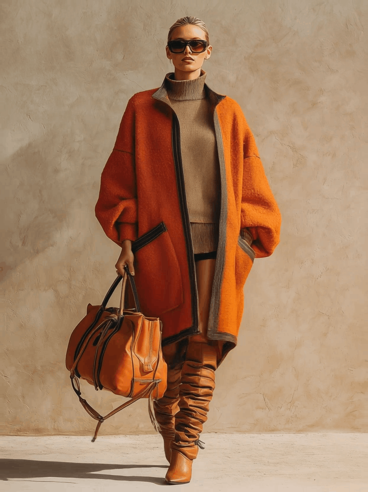 Retro Lapel Brown Leather Trim Orange Wool Loose Coat