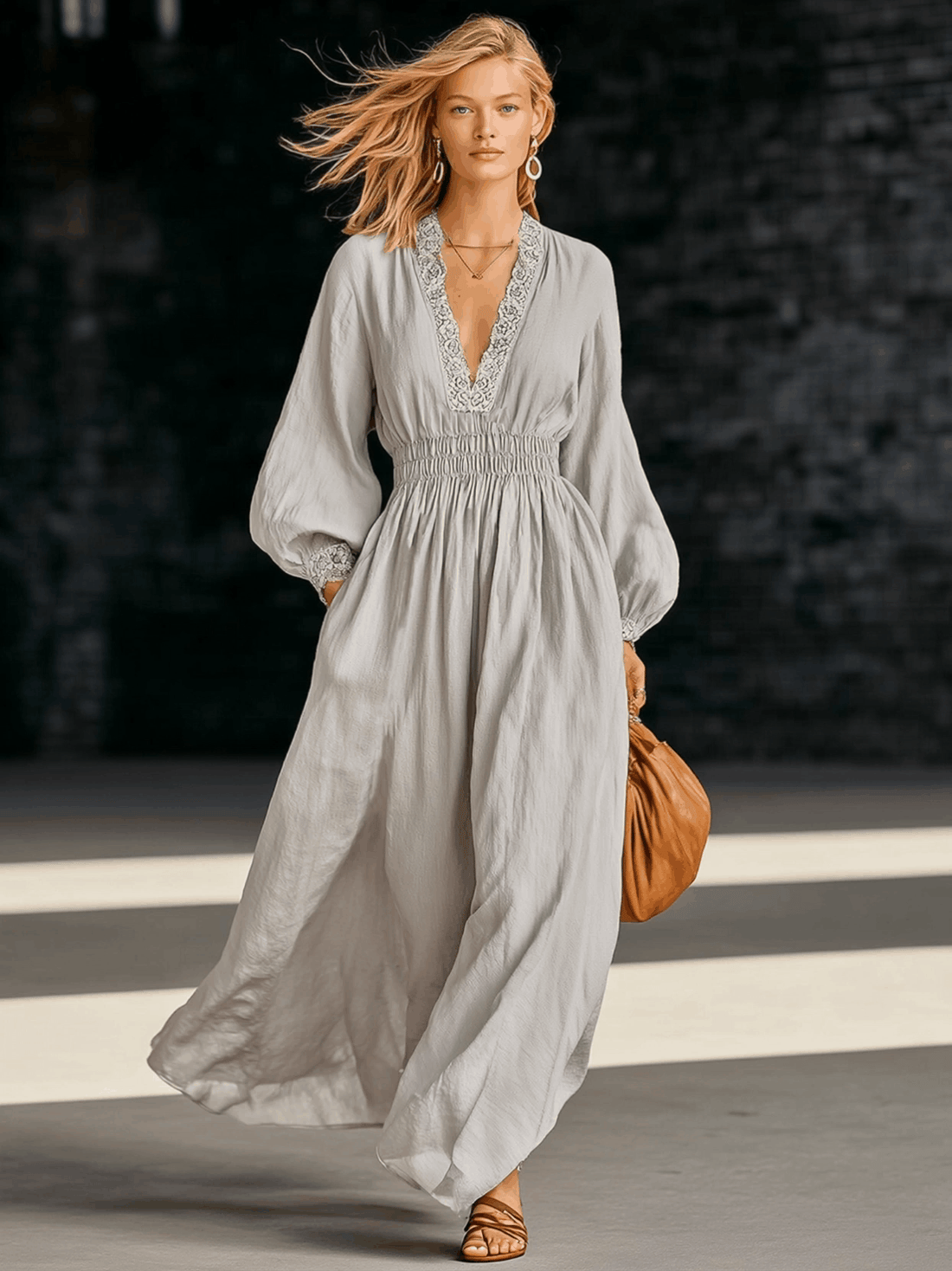Retro Gray Cotton Linen V-neck Lace Patchwork Maxi Dress