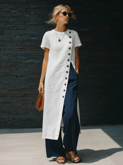 Stylish Simple Short-sleeved Slanted Placket Button Slit White Long Skirt Top And Navy Blue Trousers Cotton Set