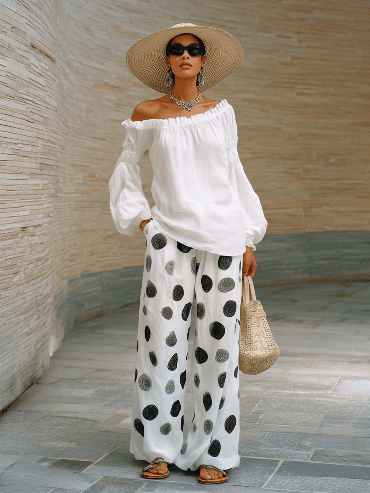 Elegant And Casual White Cotton-linen Off-shoulder Top And Polka Dot Pants Set