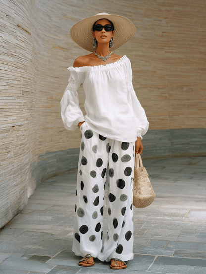 Elegant And Casual White Cotton-linen Off-shoulder Top And Polka Dot Pants Set