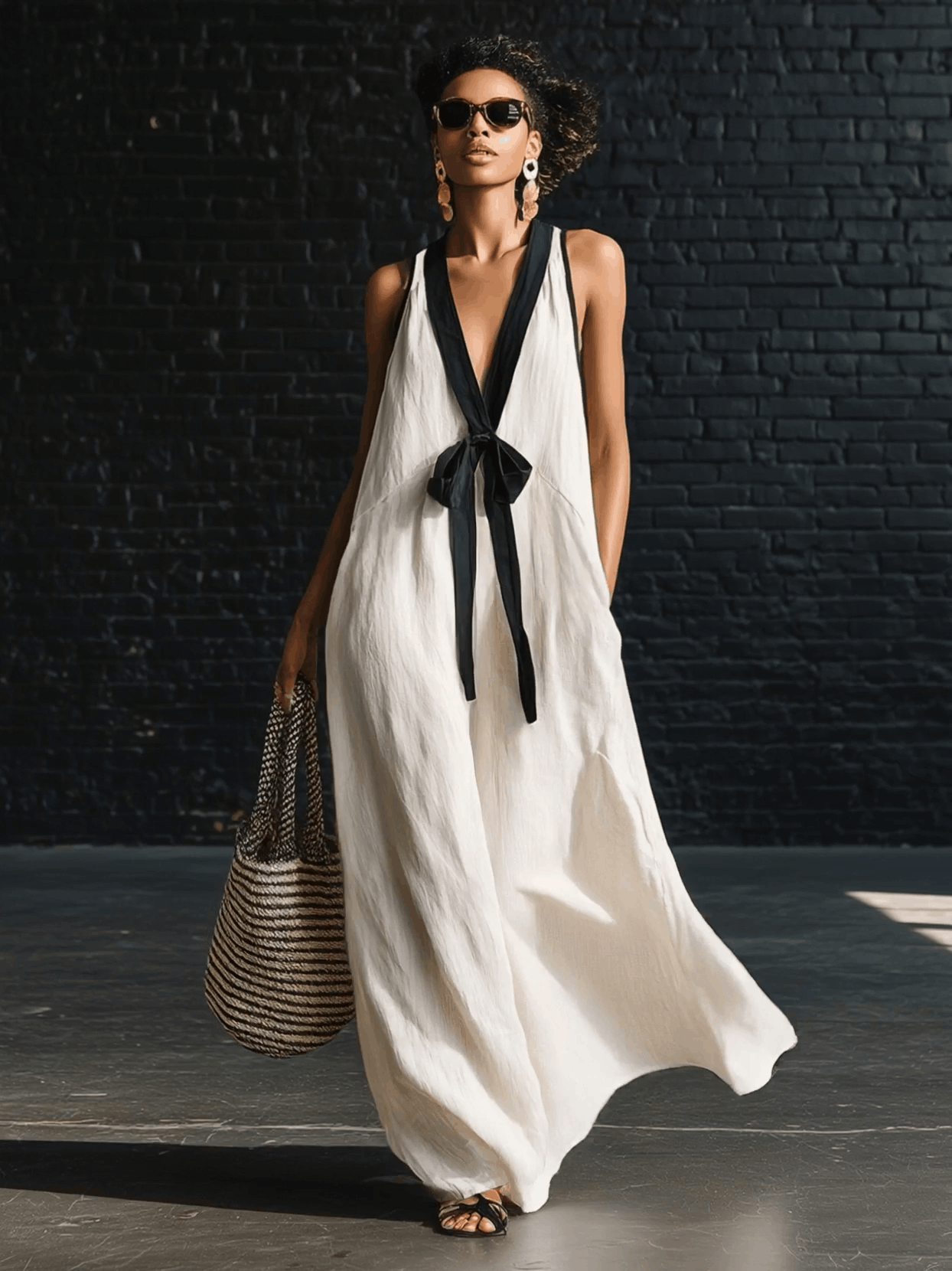 Bohemian Style White And Black Color Blocked Sleeveless V-neck Maxi Dress