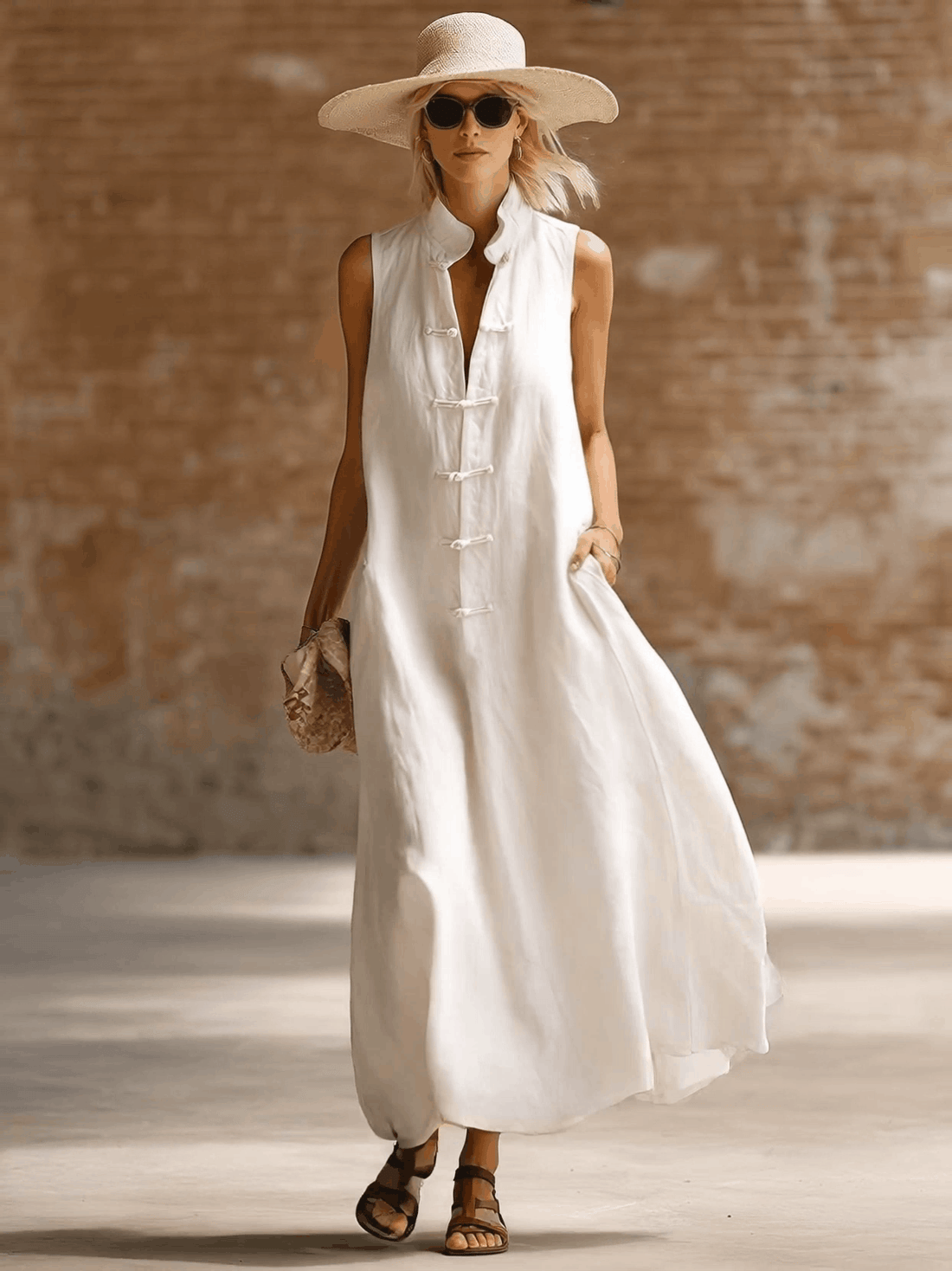 Retro Casual Urban Front-opening Button White Cotton Linen Maxi Dress