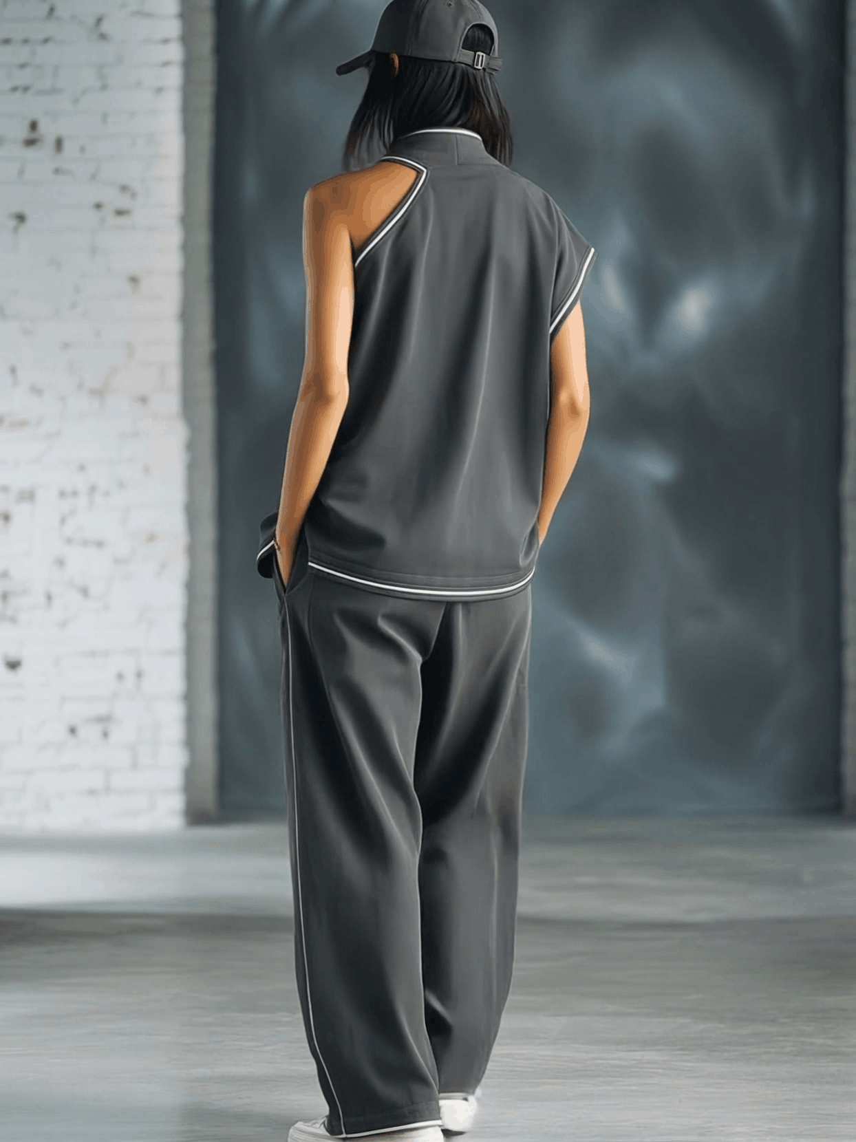 Casual Athletic Workwear Style Stand-up Collar One-shoulder Gray Cotton Top And Pants Set
