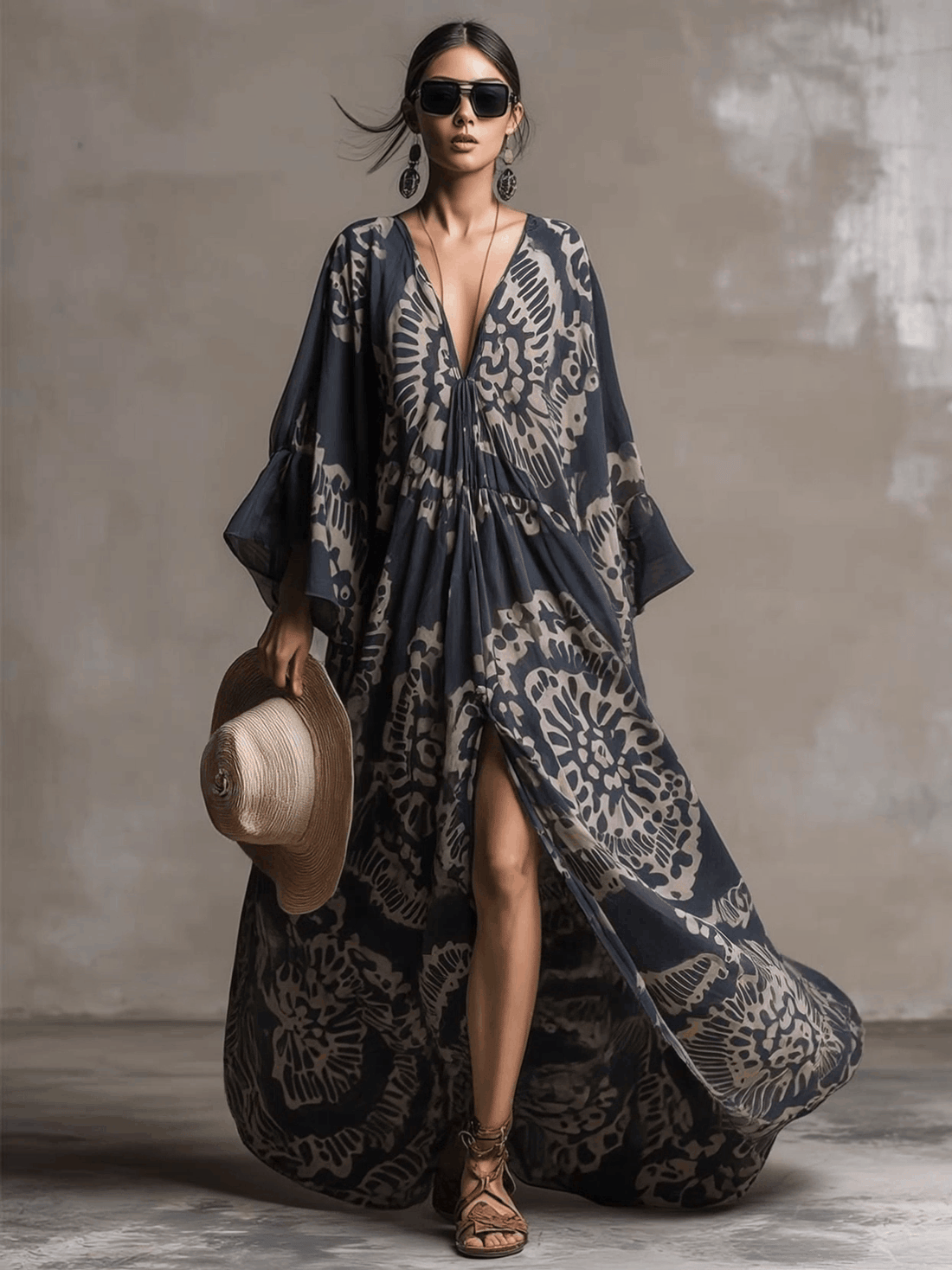 Elegant And Flowing Retro Print V-neck Dark Blue Chiffon Slit Maxi Dress