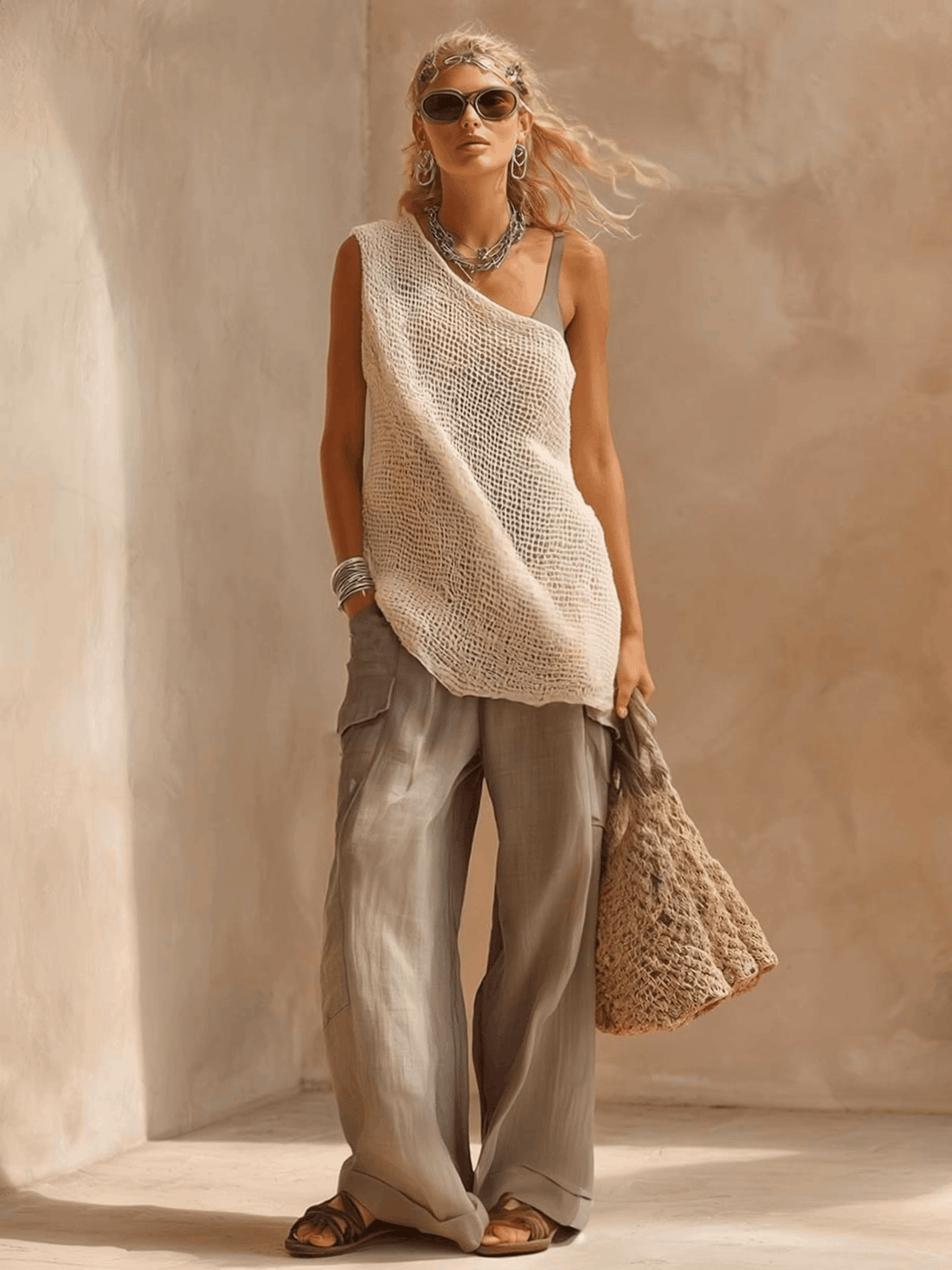Casual Bohemian One-shoulder Openwork Knit Top And Gray Vest And Cotton Linen Pants Three-piece Set