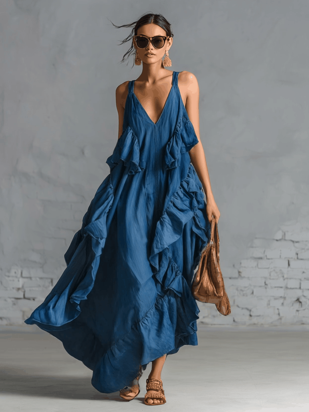 Stylish Simple Loose-fitting Sleeveless V-neck Strap Ruffle Blue Cotton Maxi Dress