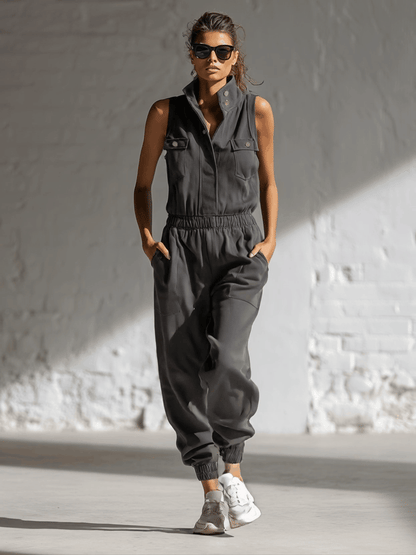 Stylish Simple Loose-fitting Sleeveless Stand-collar Front-buttoned Cotton Gray Jumpsuit
