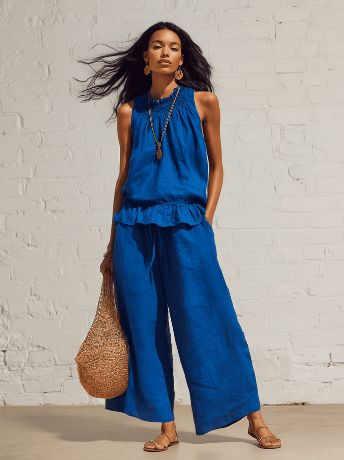 Urban Blue Cotton Linen Sleeveless Ruffled Top And Wide Leg Pants Set