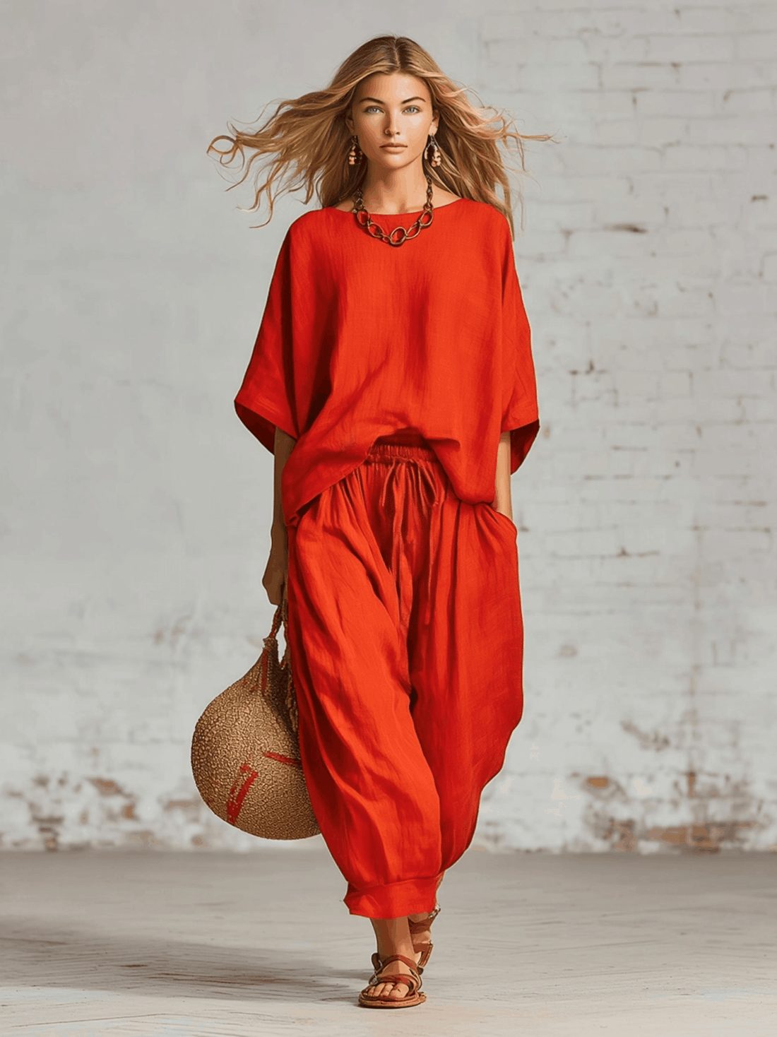 Casual Red Cotton And Linen Batwing Sleeve Top And Wide Leg Pants Set
