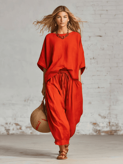 Casual Red Cotton And Linen Batwing Sleeve Top And Wide Leg Pants Set