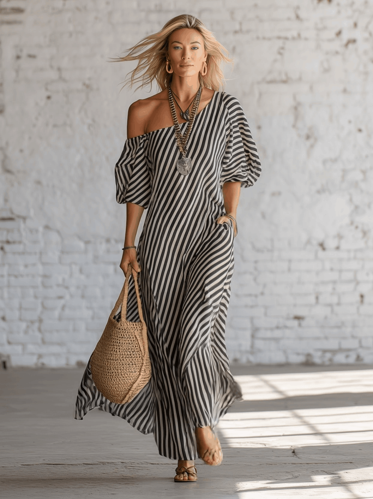 Urban Black Chiffon Striped Print Off Shoulder Maxi Dress