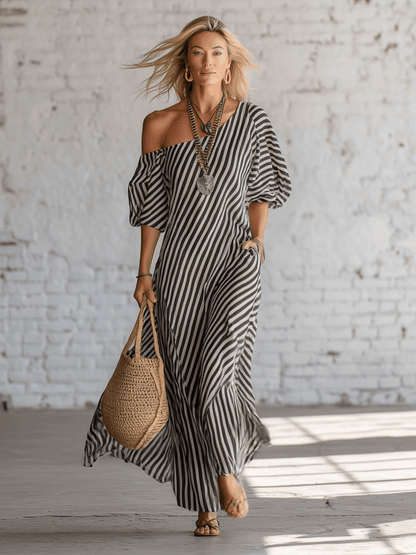 Urban Black Chiffon Striped Print Off Shoulder Maxi Dress