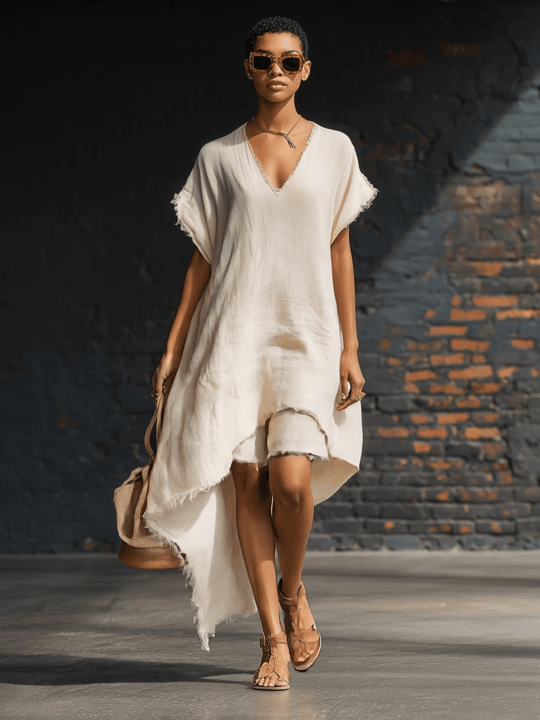 Stylish Minimalist V-Neck Short-Sleeve Asymmetrical Hem Frayed Trim Dress And Shorts White Cotton-Linen Set