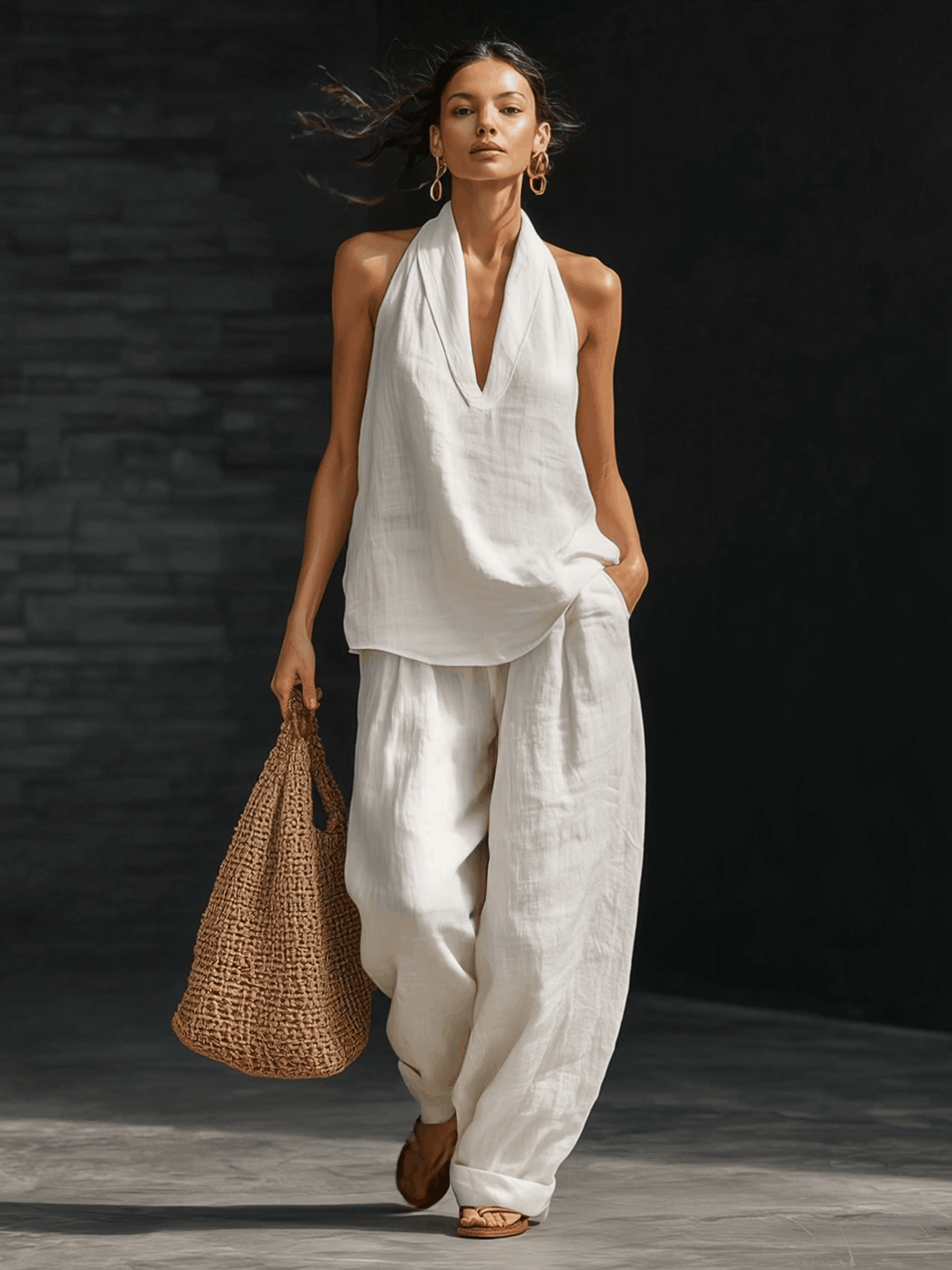 Casual Urban Style White Linen V-neck Sleeveless Top And Wide Leg Pants Set