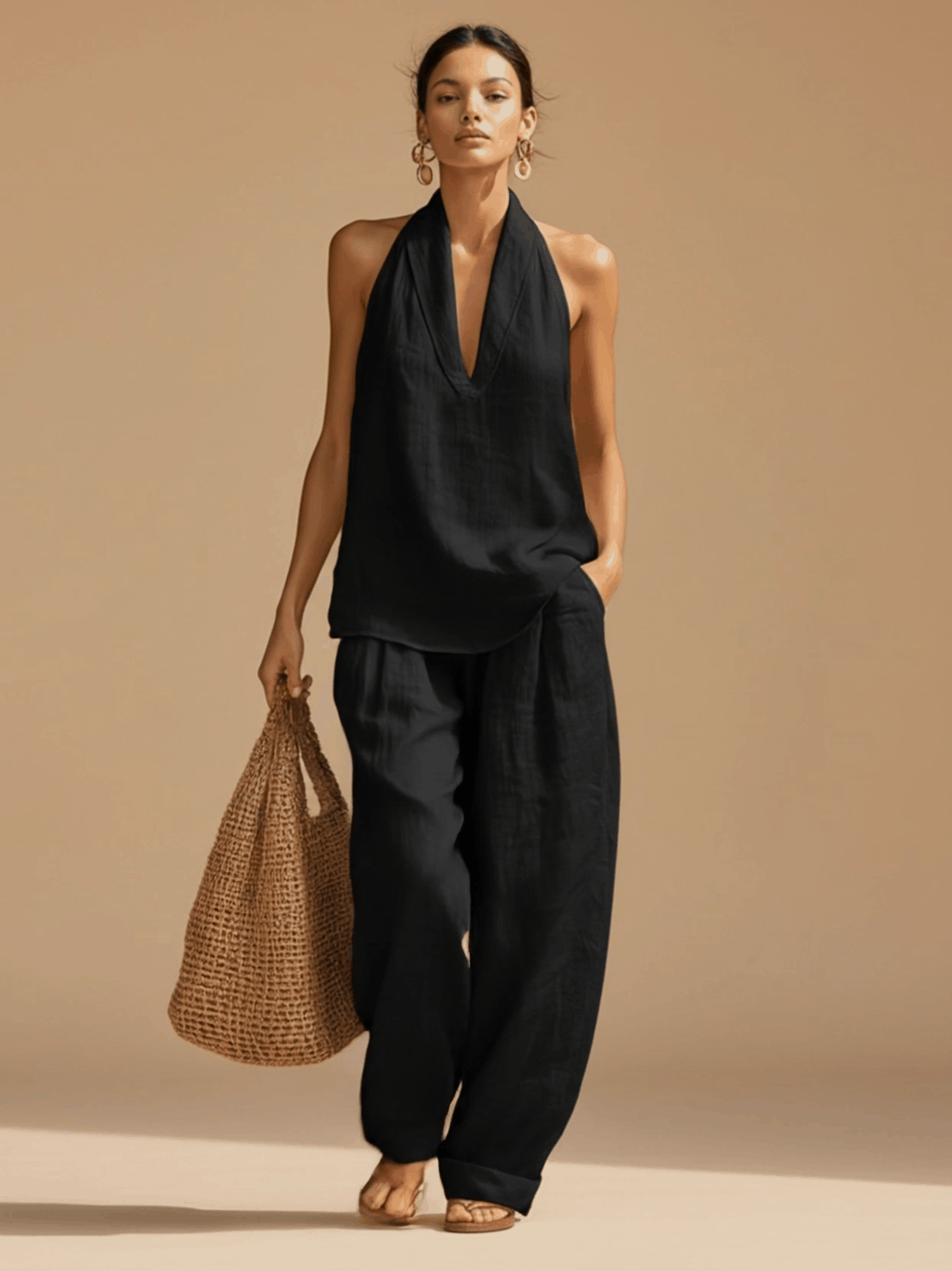 Casual Urban Style White Linen V-neck Sleeveless Top And Wide Leg Pants Set