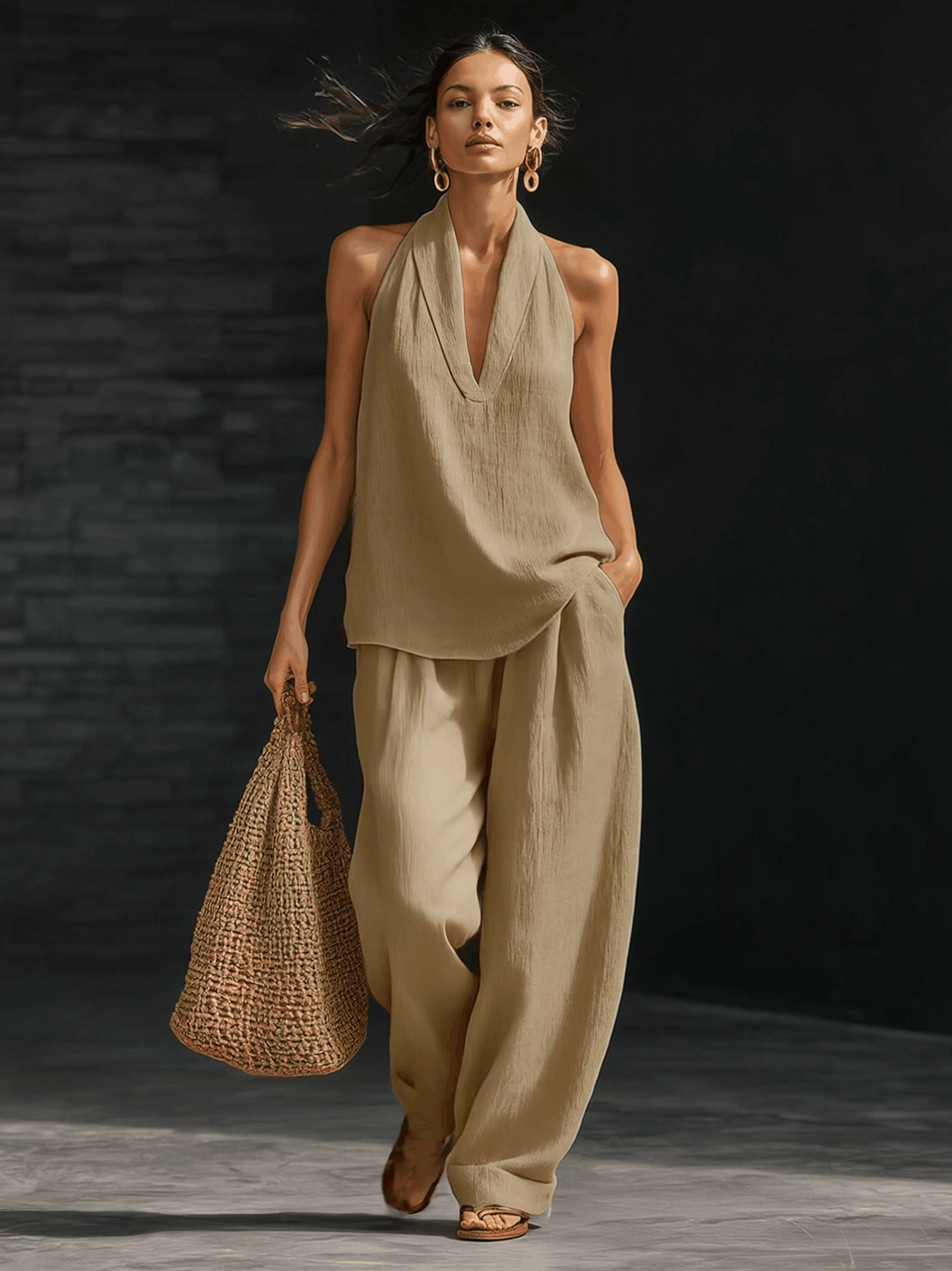 Casual Urban Style White Linen V-neck Sleeveless Top And Wide Leg Pants Set