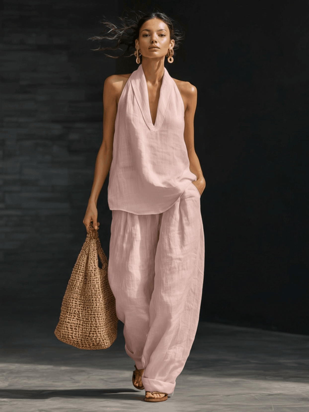 Casual Urban Style White Linen V-neck Sleeveless Top And Wide Leg Pants Set
