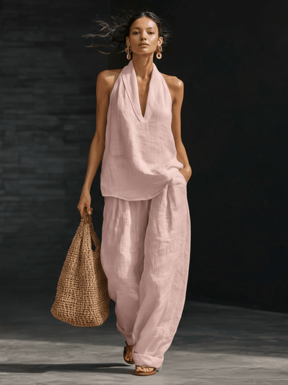 Casual Urban Style White Linen V-neck Sleeveless Top And Wide Leg Pants Set