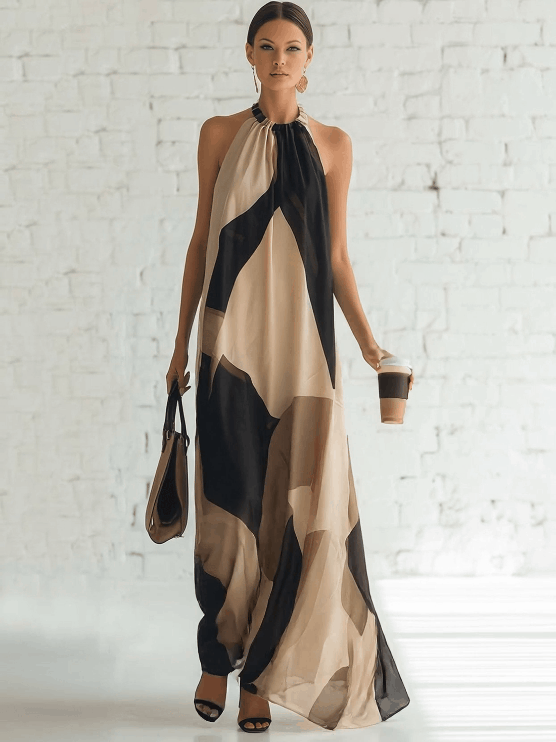 Vintage Elegant Flowing Halter-neck Black And Beige Contrasting Print Chiffon Maxi Dress