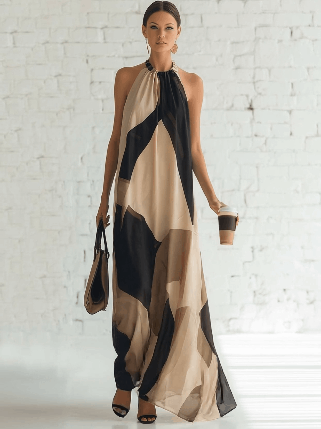 Vintage Elegant Flowing Halter-neck Black And Beige Contrasting Print Chiffon Maxi Dress