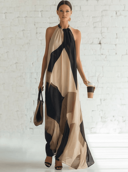 Vintage Elegant Flowing Halter-neck Black And Beige Contrasting Print Chiffon Maxi Dress