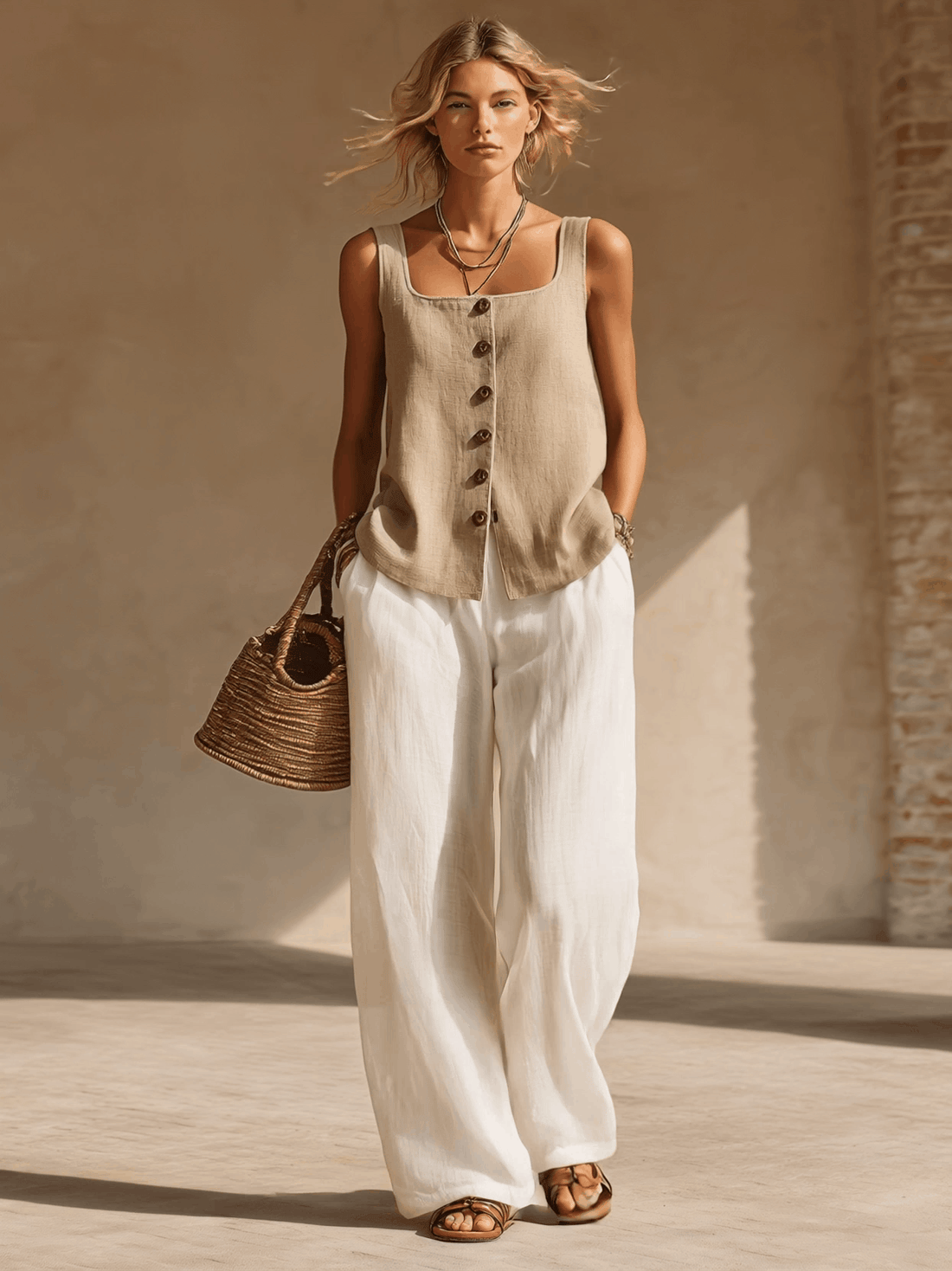 Stylish Minimalist Sleeveless Square Neck Front Buttons Beige Top And White Wide-Leg Pants Cotton Set