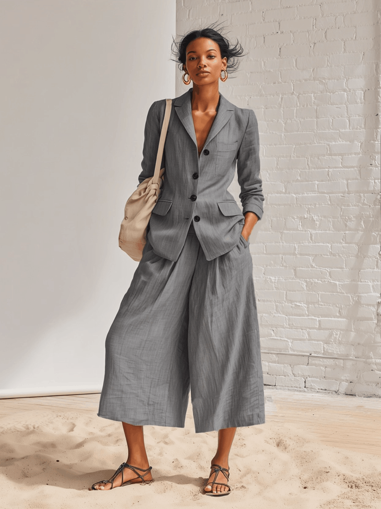 Loose Fitting Gray Cotton And Linen Suit With Lapel Jacket And Wide Leg Trousers Set