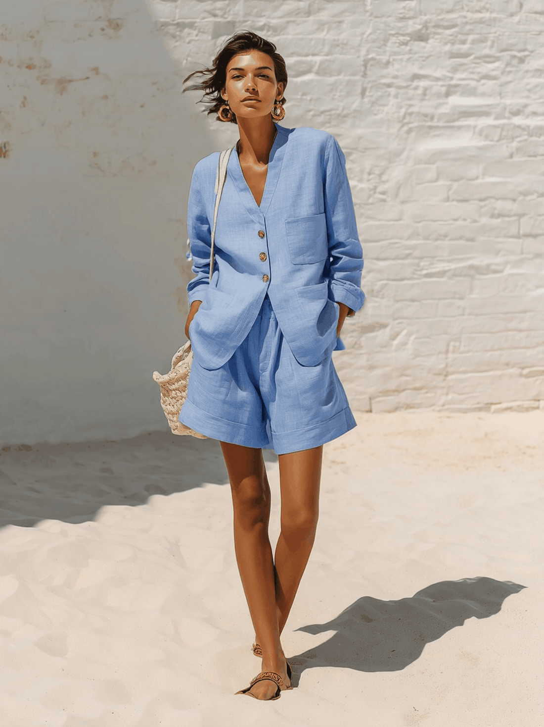 Casual Blue Cotton And Linen V-neck Top And Wide Leg Shorts Set