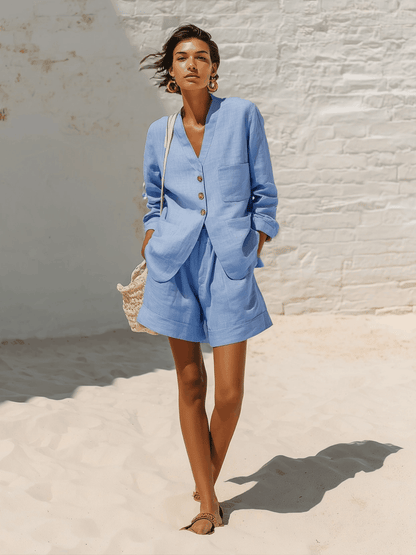 Casual Blue Cotton And Linen V-neck Top And Wide Leg Shorts Set