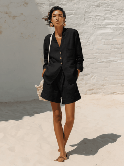 Casual Blue Cotton And Linen V-neck Top And Wide Leg Shorts Set